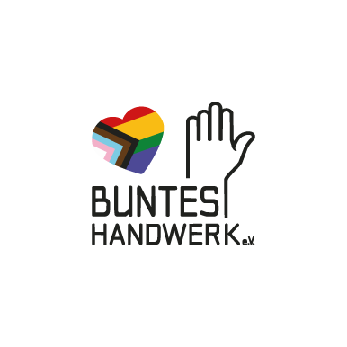 Logo for Bluntes Handwerk: a stylized raised hand beside a rainbow heart, with the company name beneath.