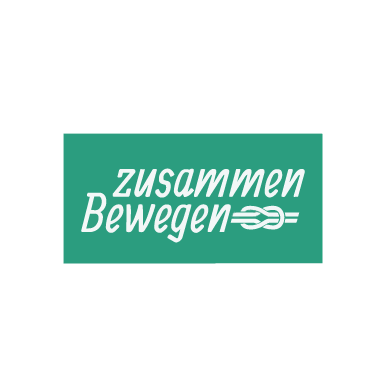 Logo with the text 'zusammen Bewegen' in white on a teal rectangle, plus a stylized fork icon.
